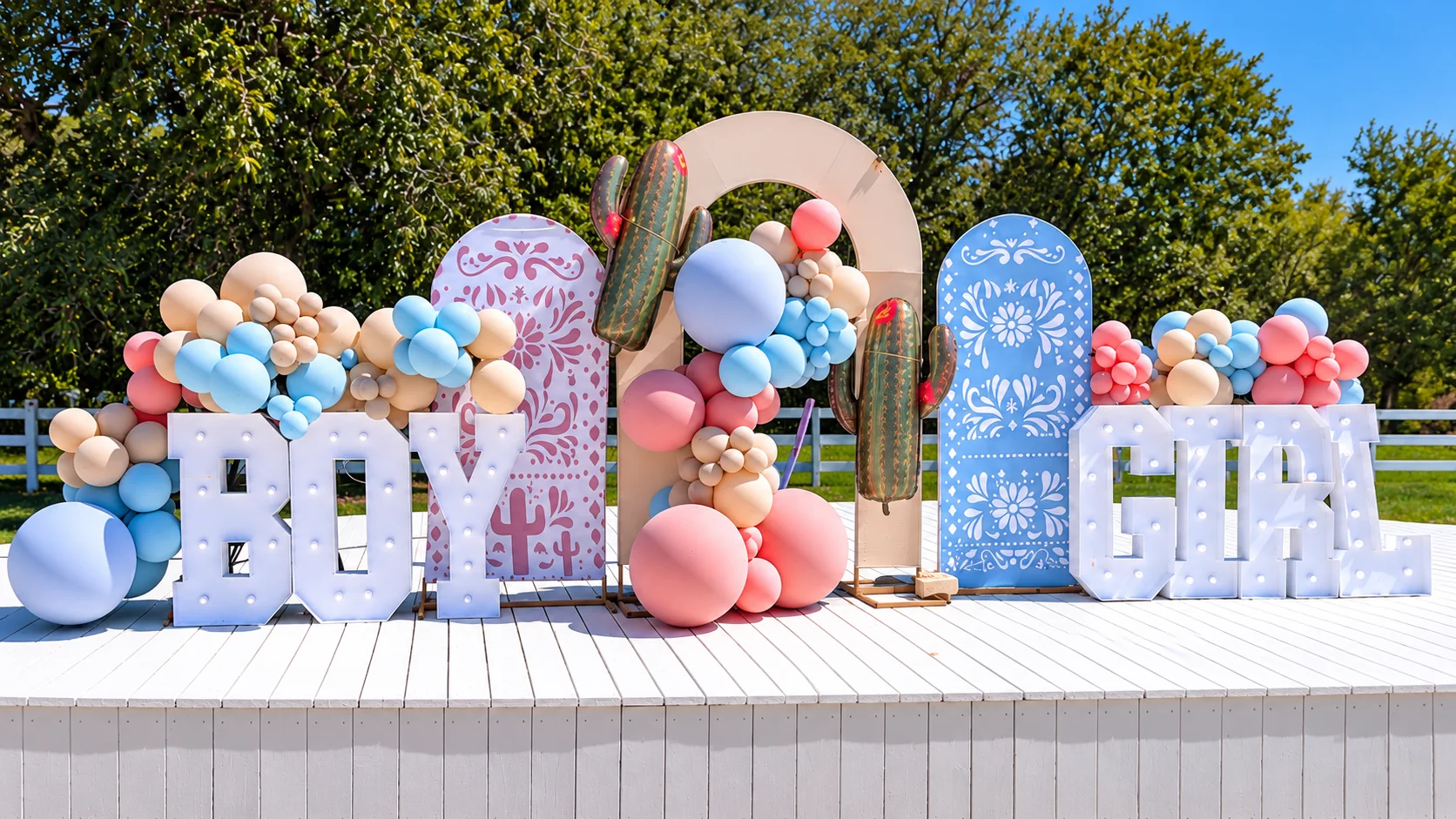 A colorful private celebration installation on an outdoor stage