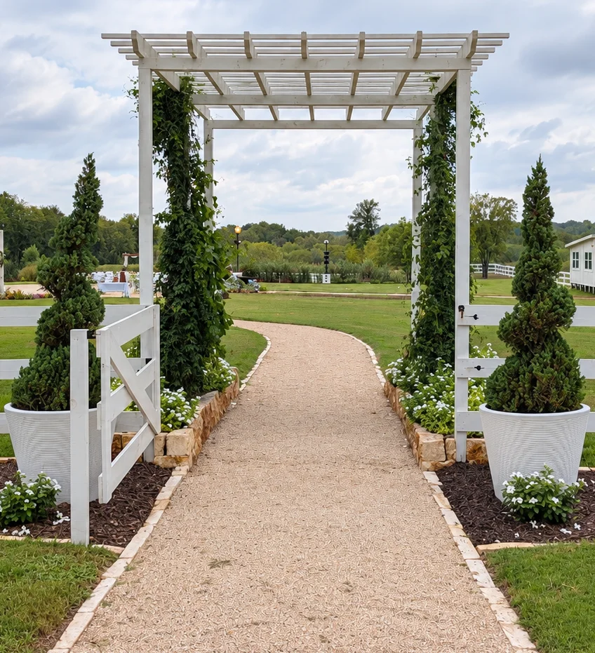 The vine-covered pergola and garden path