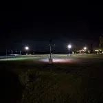 Overlooking the event square lit at night