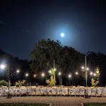 A table is decorated for a wedding reception
