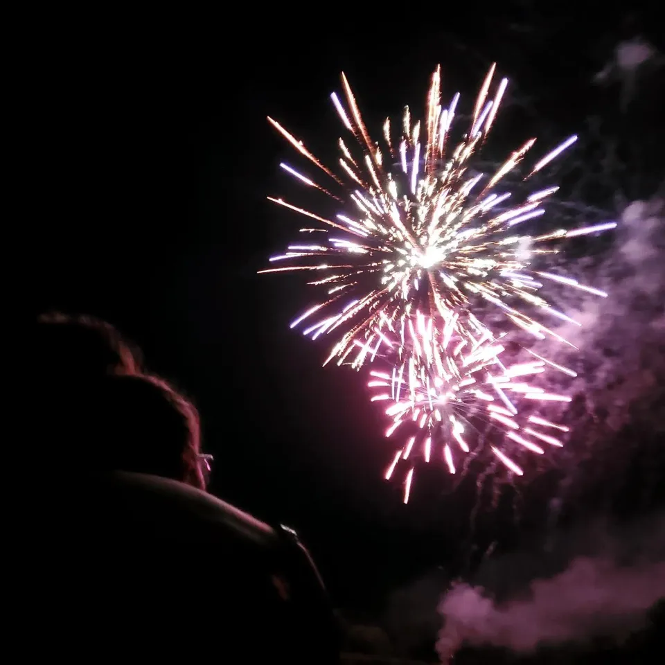 A couple embraces while watching fireworks